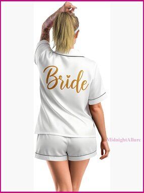 Satin Pajama Set for Bride, Short Sleeve Top with Pockets, Wedding Morning